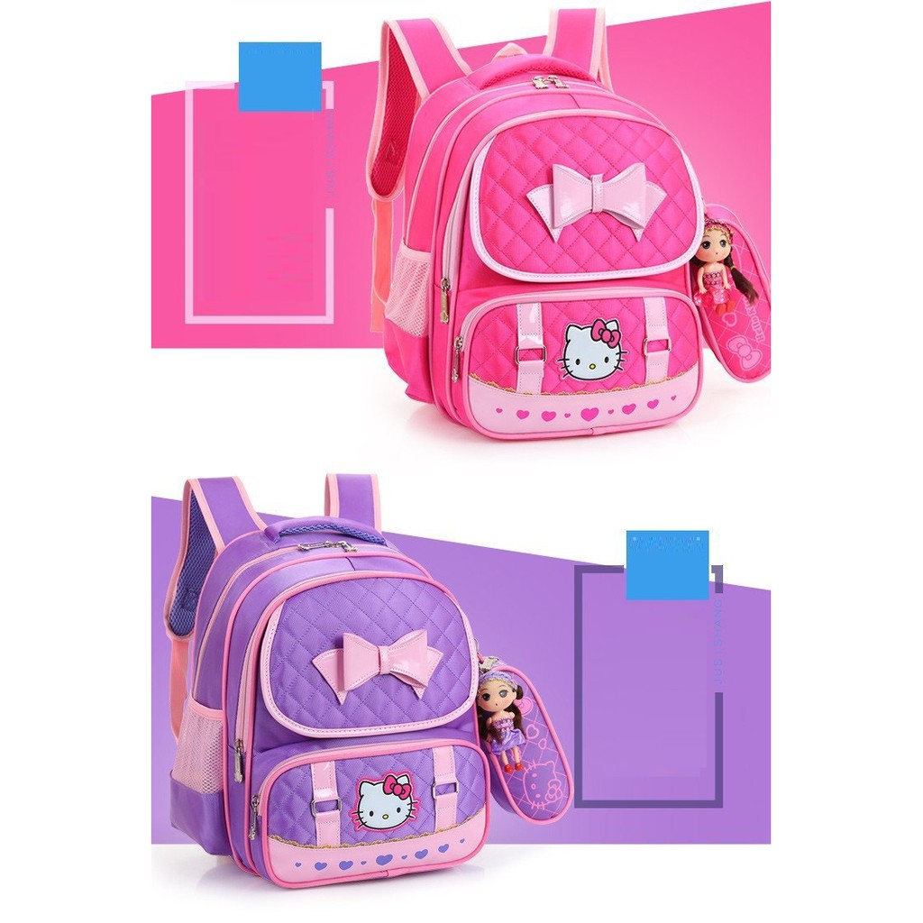 Balo đi học cấp 1 cho bé gái hình Hellokitty tặng kèm hộp bút và búp bê đáng yêu