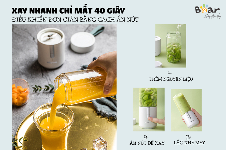 Máy Xay Sinh Tố Mini, Máy Xay Sinh Tố Cầm Tay BEAR BL-B35V1 Sử Dụng PIN Sạc Dung Tích 350 ML, Công Suất 50 W - Hàng Chính Hãng