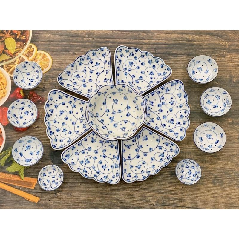 Set hoa mặt trời 15 món men lam, hoạ tiết hoa Sen dây- Phù dung me vẽ thủ công. Gốm sứ Bát Tràng.