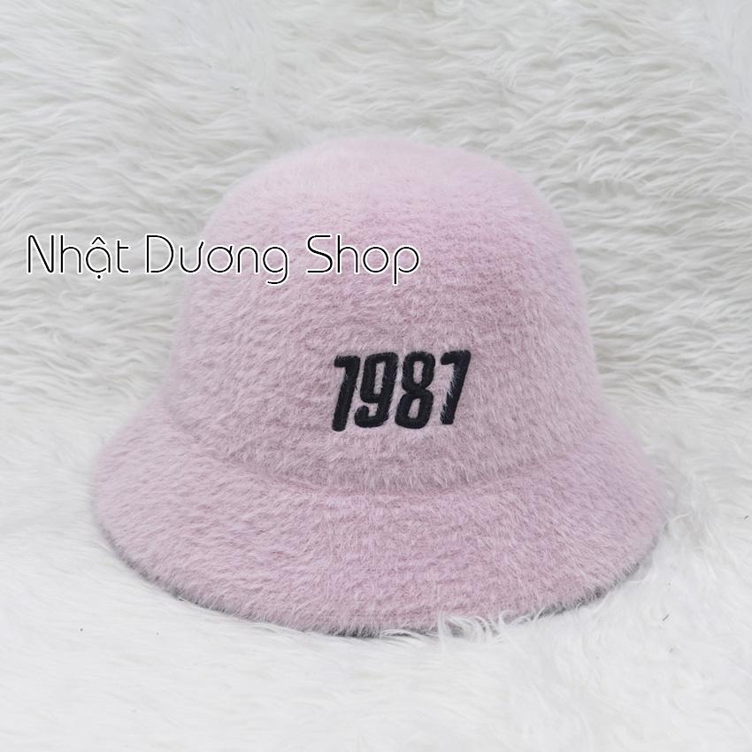 Nón Lông Thỏ Bucket Nữ Thời Trang Cao Câp, nón tai bèo vành cụp lông thỏ hàng quảng châu thêu số 1987