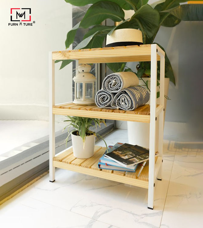 KỆ ĐỰNG GIÀY GỖ KHUNG SẮT TẦNG HÀN QUỐC MÀU GỖ TỰ NHIÊN - IRON BENCH 3F WHITE NATURAL SIZE 500