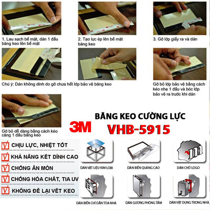 Băng keo 2 mặt cường lực, siêu dính, loại mỏng VHB 3M 5915 Khổ 1 - 3 - 5 mét. Hàng chính hãng