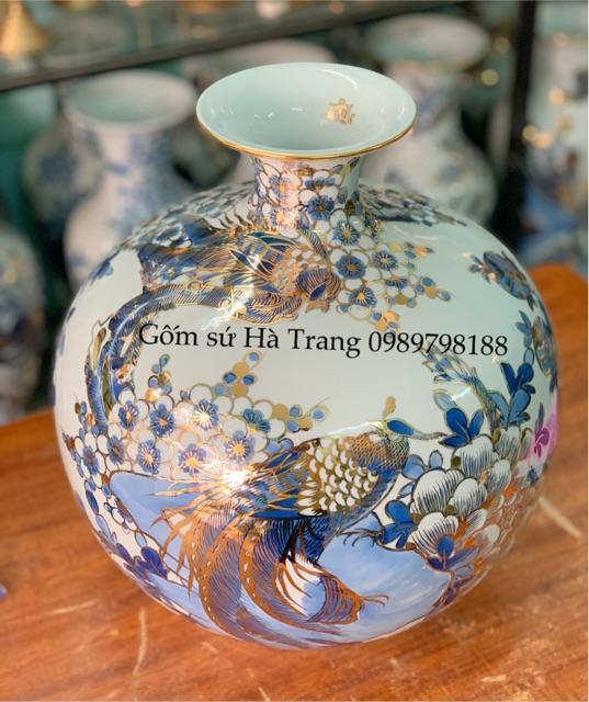 Bình hút tài lộc gốm sứ Bát Tràng cao cấp vẽ vàng 24K hoạ tiết chim trĩ hoa đào cao 35cm