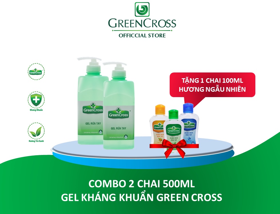 COMBO 2 CHAI 500ML GEL KHÁNG KHUẨN GREEN CROSS - Tặng thêm 1 chai Nước rửa tay 100ml