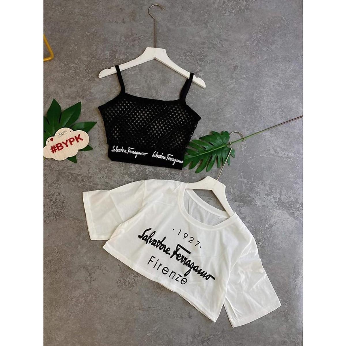 SET ÁO THUN CROPTOP KÈM BRA LƯỚI FORM RỘNG TAY LỠ - ÁO NHÓM CROP NGẮN TAY