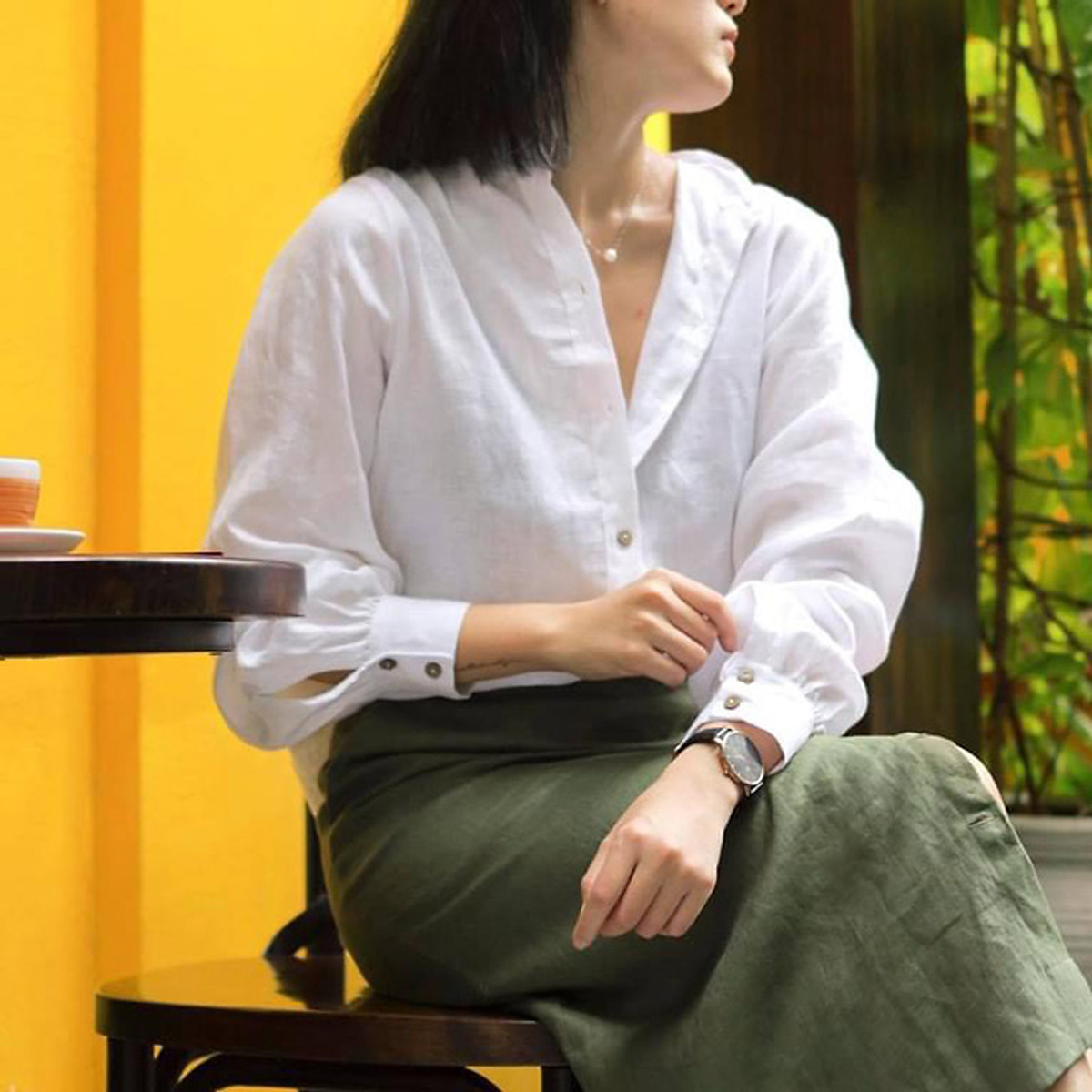 Áo sơ mi công sở nữ dài tay cổ tầu Linen tưng Premium sang trọng trẻ trung - Trắng