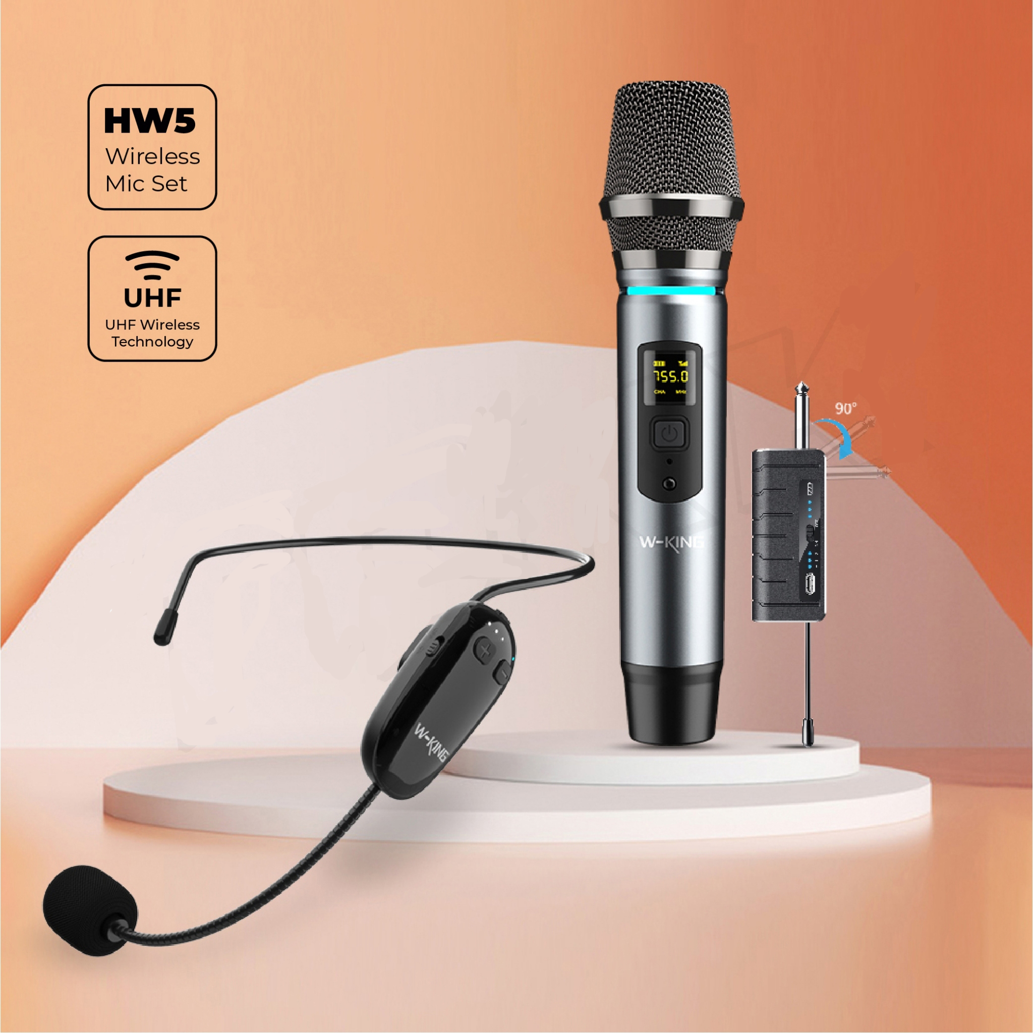 Bộ 1 Mic quàng đầu + 1 Mic cầm tay không dây W-king HW5 - Hàng chính hãng