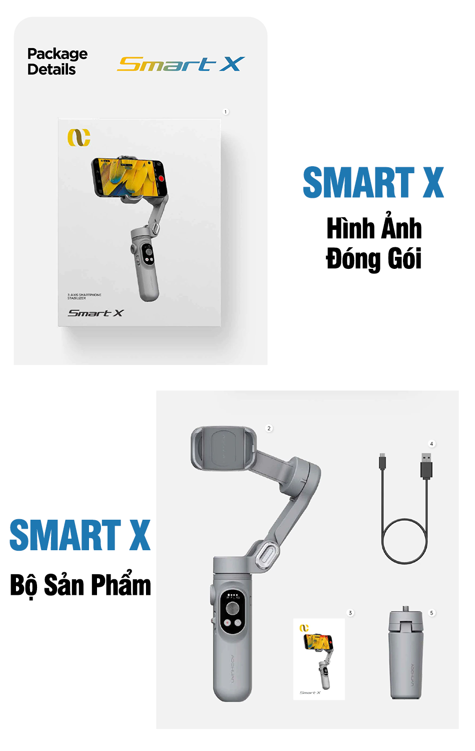 Tay cầm gimbal chống rung điện thoại Smart X | Smart X Pro có đèn trợ sáng, có APP, dõi theo vật thể, hàng chính hãng