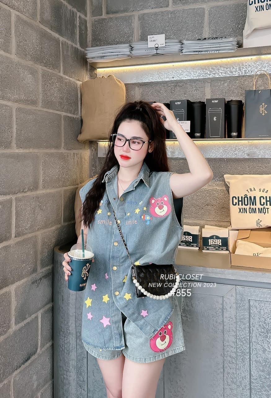 SET ĐI CHƠI, SET 2 MÓN ÁO JEAN SƠ MI SÁT NÁCH GẤU PHỐI QUẦN ĐÙI SIÊU HOT