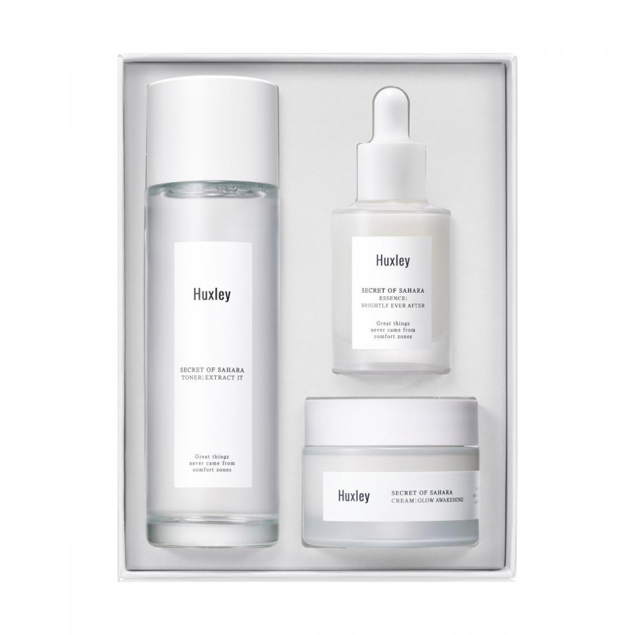 Set 3 sản phẩm dưỡng trắng sáng da, làm mờ thâm Huxley Brightening Trio Set (Huxley Toner; Extract It 120ml + Huxley Essence; Brighly Ever After 30ml + Huxley Cream; Glow Awakening 50ml)