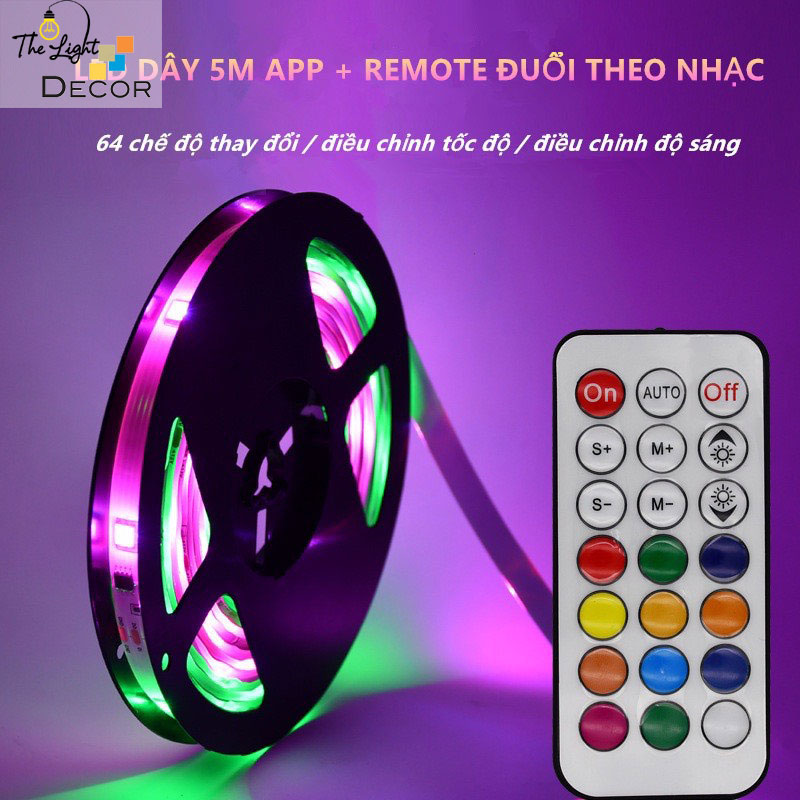 Dải Dây đèn trang trí đèn led RGB 5050 đuổi nhạc remote 5 Mét Cổng USB