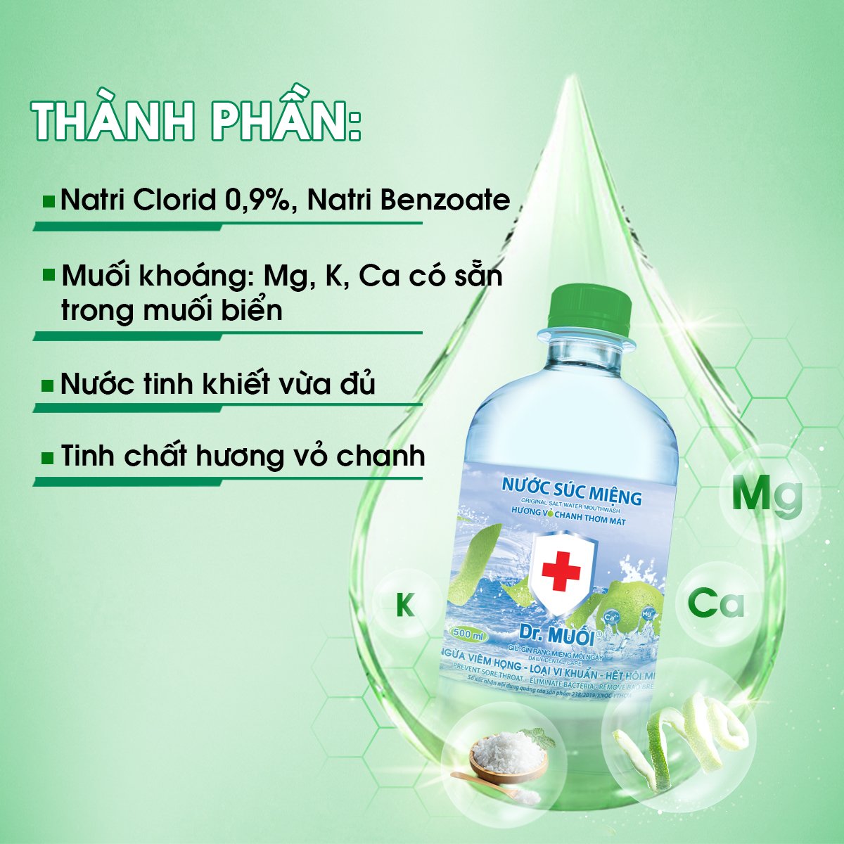 Nước súc miệng Dr. Muối hương vỏ chanh -Loại vi khuẩn, ngừa viêm họng, hết hôi miệng, chống sâu răng