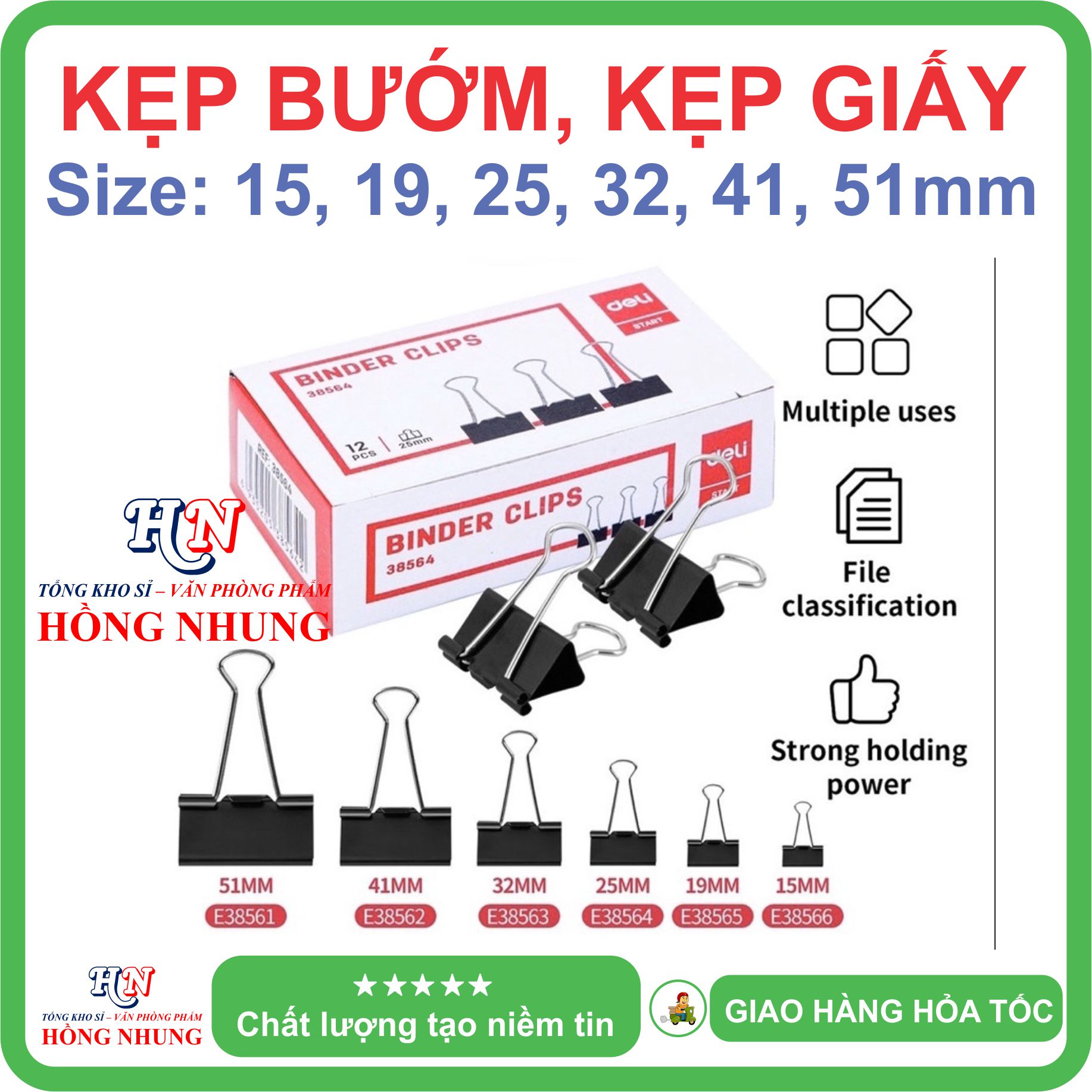 [SALE] Hộp 12 cái Kẹp Bướm Deli 15mm;19mm;25mm;32mm;41mm;51mm. Giúp Bạn Sắp Xếp Giấy Tờ Hợp Lý, Gọn Gàng, Bền