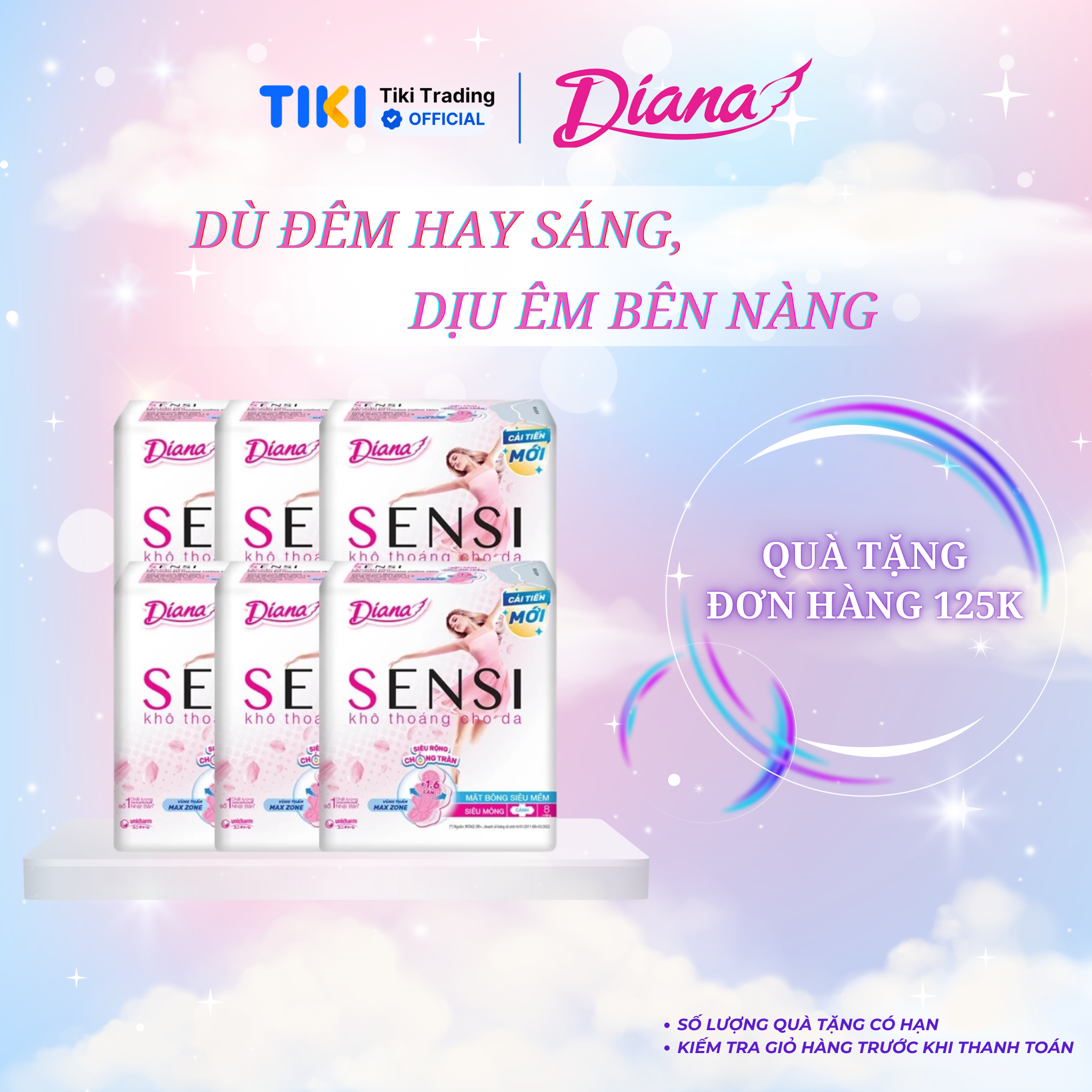 Combo 6 Băng Vệ Sinh Diana Sensi Siêu Mỏng Cánh (Gói 8 Miếng)