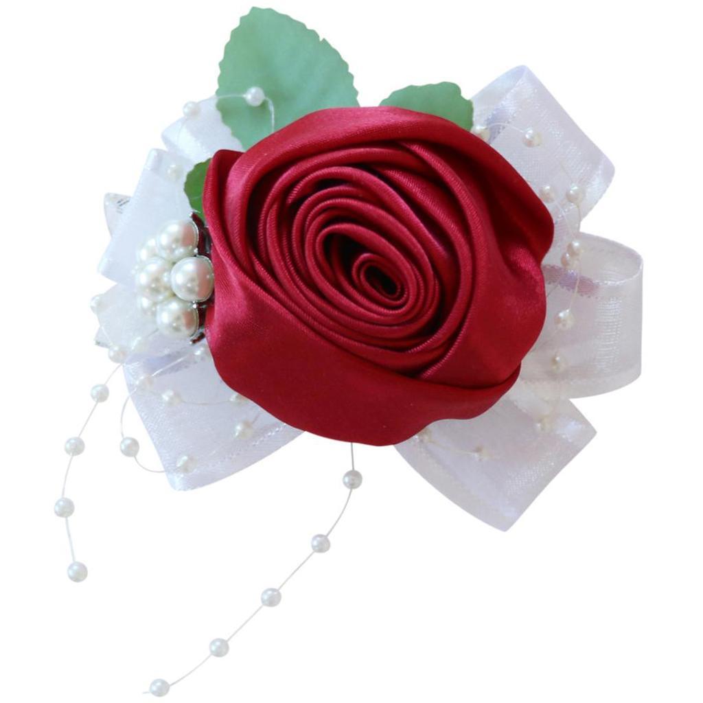 2-5pack Wrist Corsage Bridal Stretchy Bracelet Wedding Prom Hand Flower Wine Red