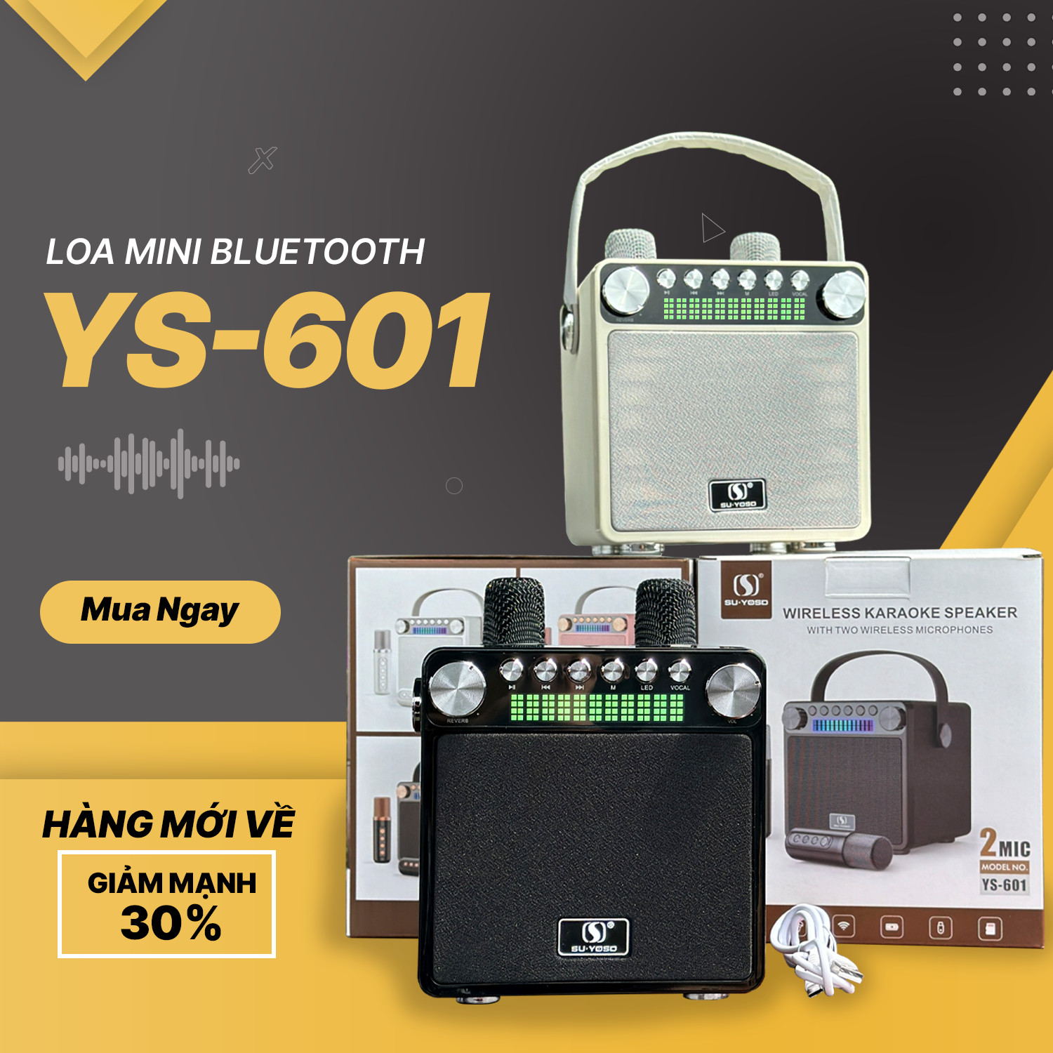 Loa Bluetooth Mini YS-601, Công Suất 35W, Nhỏ Gọn, Âm Thanh Cực Hay, Bass Căng, Đi Kèm 2 Micro Karaoke Thay Đổi Giọng Nói, Bảo Hành 6 Tháng Hàng Chính Hãng