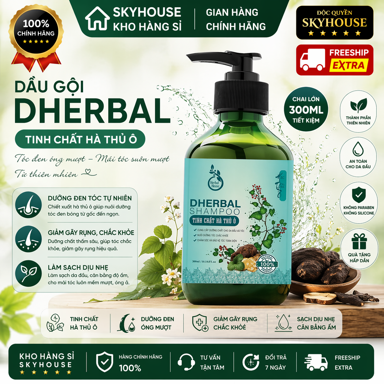 Dầu gội thảo dược thiên nhiên tinh chất hà thủ ô độc quyền DHERBAL chai 300ml dầu gội tóc chắc khỏe suôn mượt chính hãng