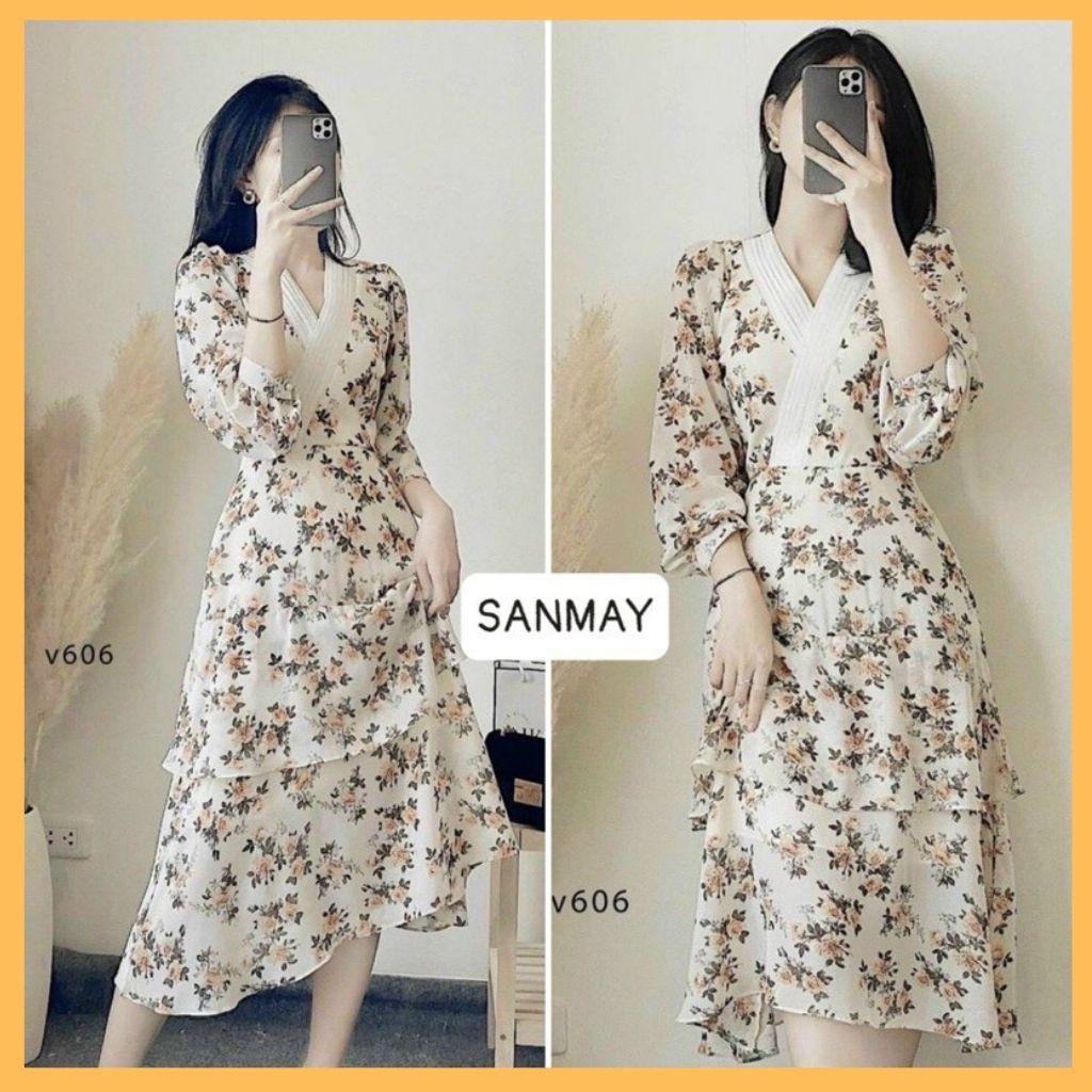 Đầm hoa nhí vintage vải voan SANMAY Váy Maxi Dài Thiết Kế cổ V tay phồng, dáng dài ôm eo VD014