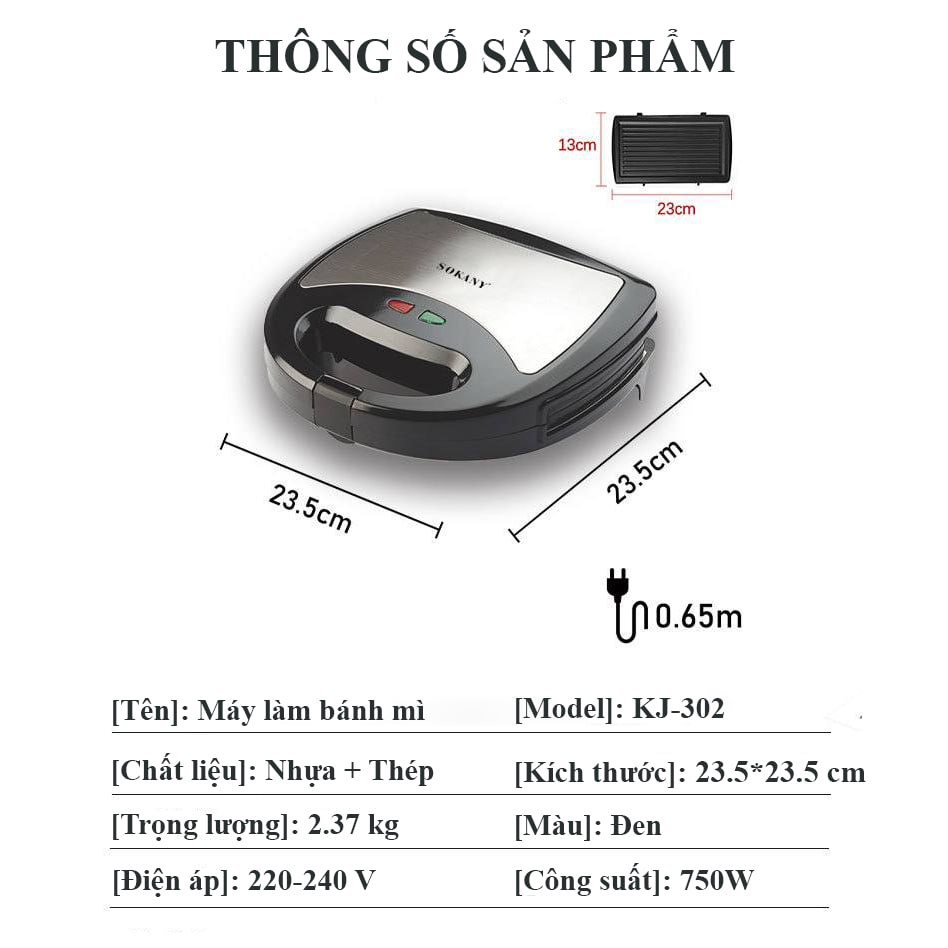 Máy kẹp nướng bánh mì 3 in 1 SOKANY chống dính cao cấp dễ dàng tháo lắp khay - SK302 - HÀNG CHÍNH HÃNG - DELIYA