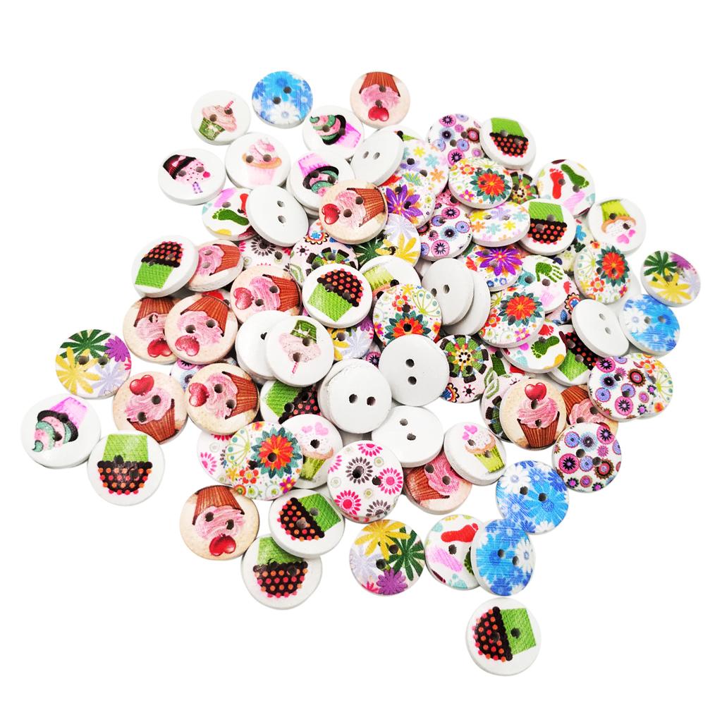 100pcs Mixed 2 Holes Wood Round Buttons for Sewing Scrapbooking Crafts 15mm