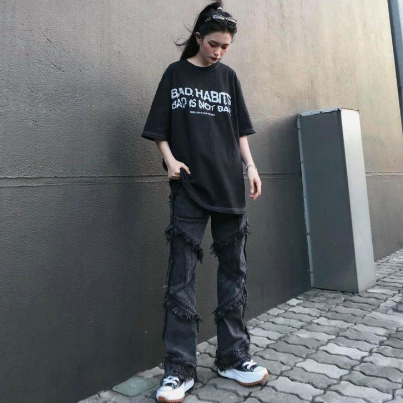 Áo thun unisex tay lỡ vải wash đầy đủ tag cổ tag tay - Hany shop