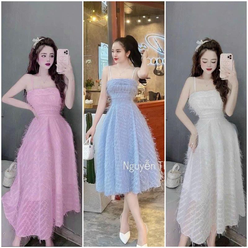 Đầm xoè lông vũ dự tiệc 2 dây cao cấp