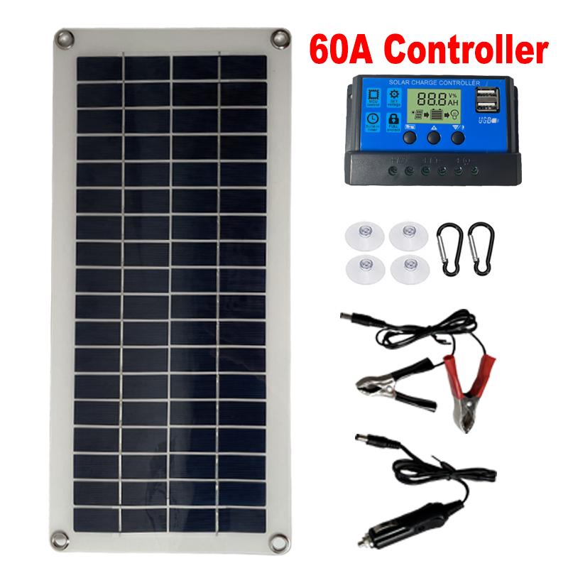 Bảng điều khiển năng lượng mặt trời linh hoạt 300W Bộ sạc pin 12V USB kép với bộ điều khiển 10A-60A Pin mặt trời Ngân hàng điện cho điện thoại Xe du thuyền RV Màu sắc: Bộ điều khiển 60A