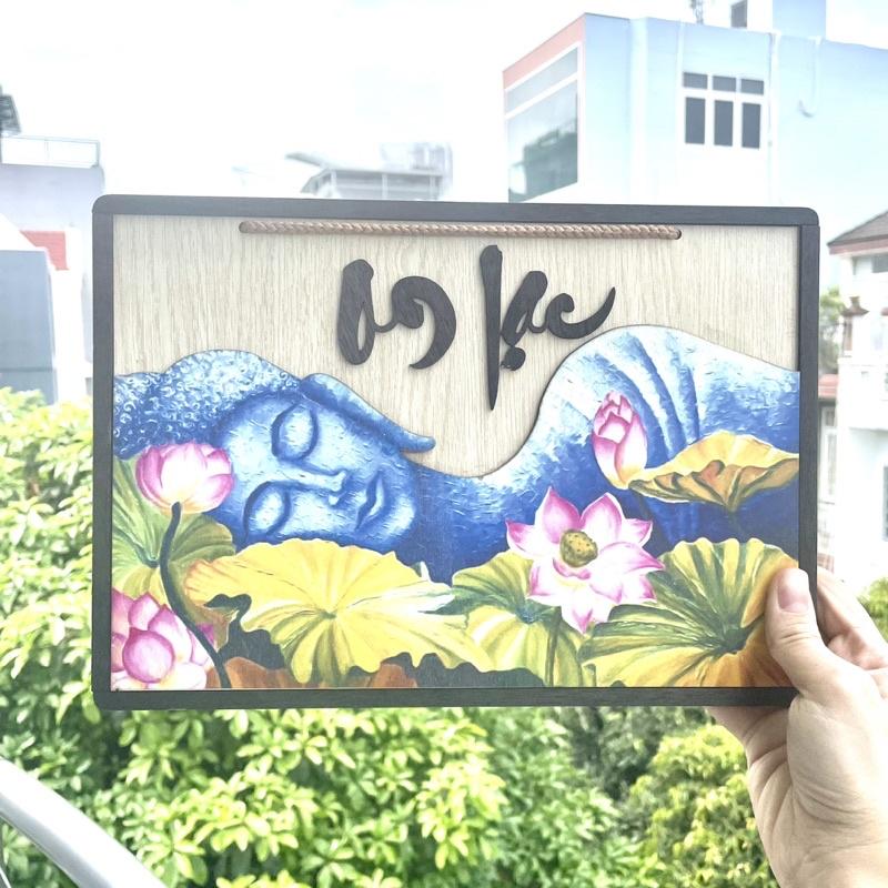 Tranh gỗ chữ thư pháp An lạc hình phật nằm và hoa sen khắc nổi trên nền gỗ có dây treo tặng đinh 3 chân