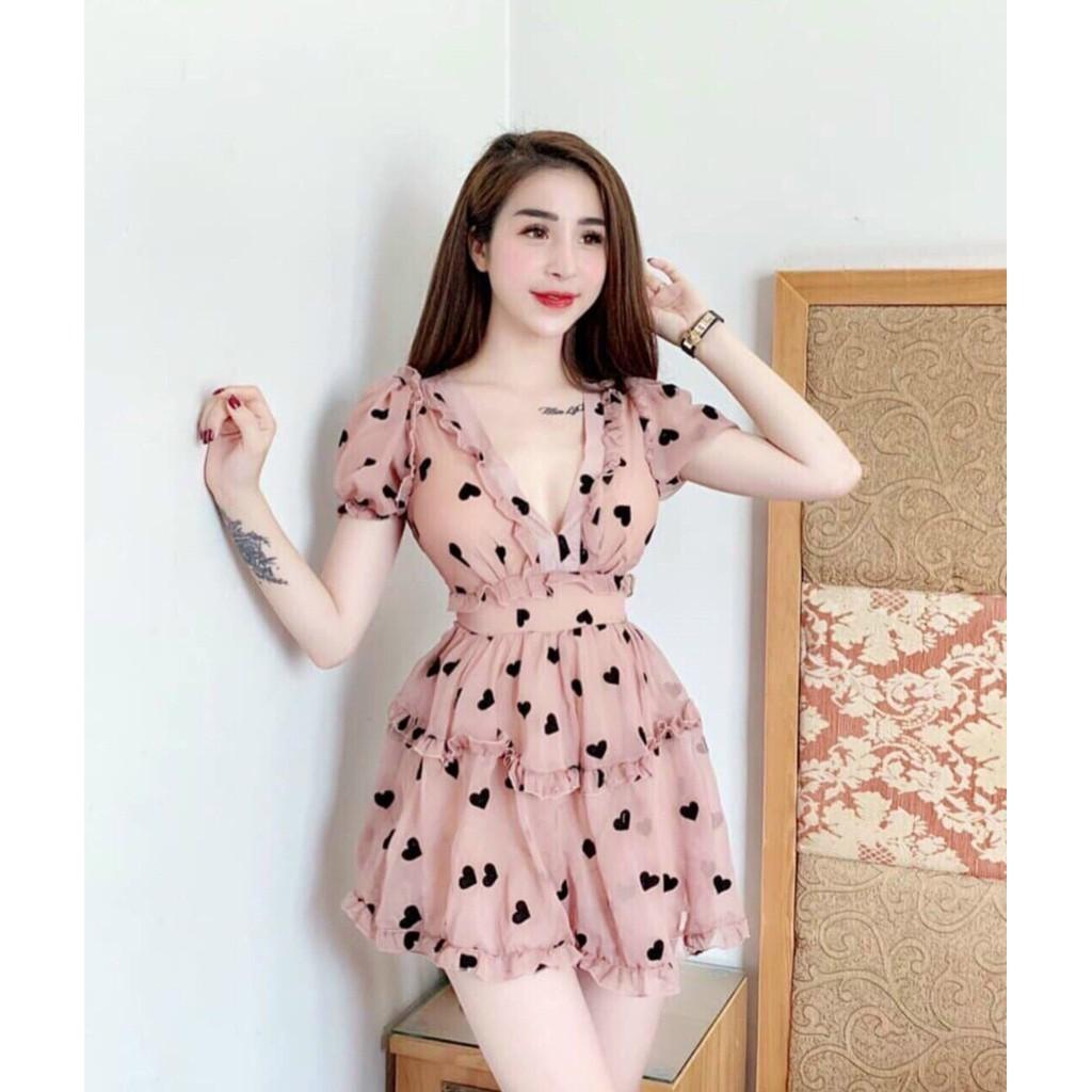 Đầm xòe họa tiết trái tim nhún bèo, cổ xẻ chữ V, tay phồng siêu xinh