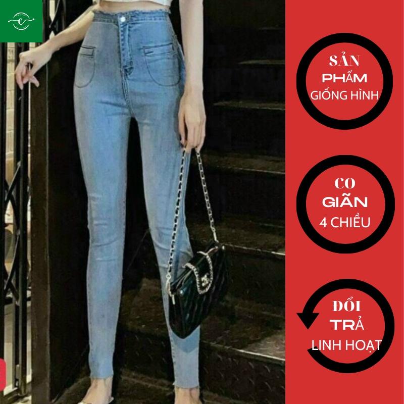 Quần Jean Co Giãn Lưng Cao, Quần Dài Nữ Dáng Ôm Trơn Cuốn Lai Quần Bò Nữ VoZoDo 0013