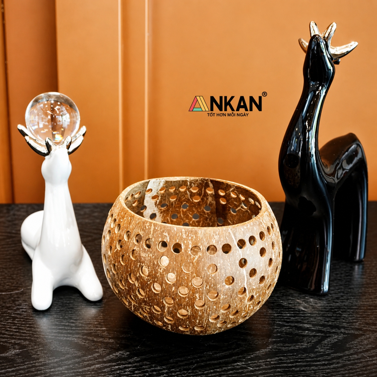 Đèn Nến Gáo Dừa Tealight ANKAN Kiểu Caro Handmade Vintage – Decor Trang Trí, Ánh Sáng Thư Giãn