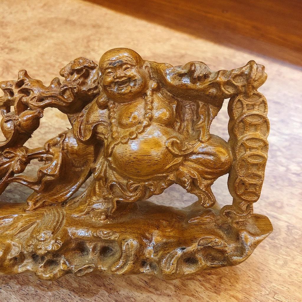 Tượng Gỗ Bách Xanh Phật Di Lặc Kéo Bao Tiền Để Xe Ô Tô, Bàn Làm Việc