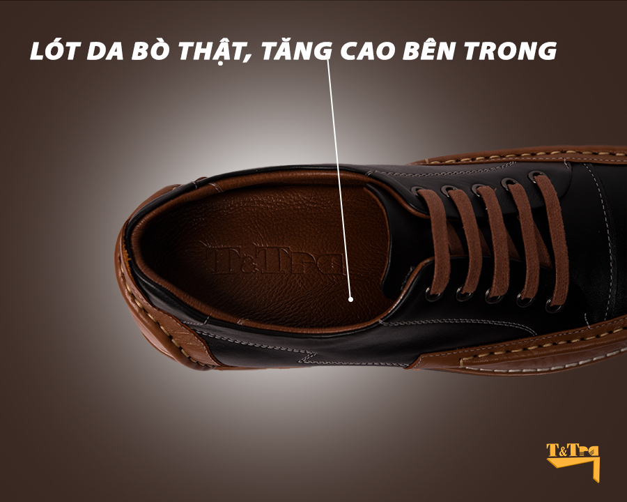 Giày Tăng Chiều Cao Nam T&amp;TRA Tăng Cao 5Cm- T71 Đen Nâu - Chất Liệu Da Bò Cao Cấp, Đế Cao Su Đúc , Phần Tăng Cao Ẩn Bên Trong