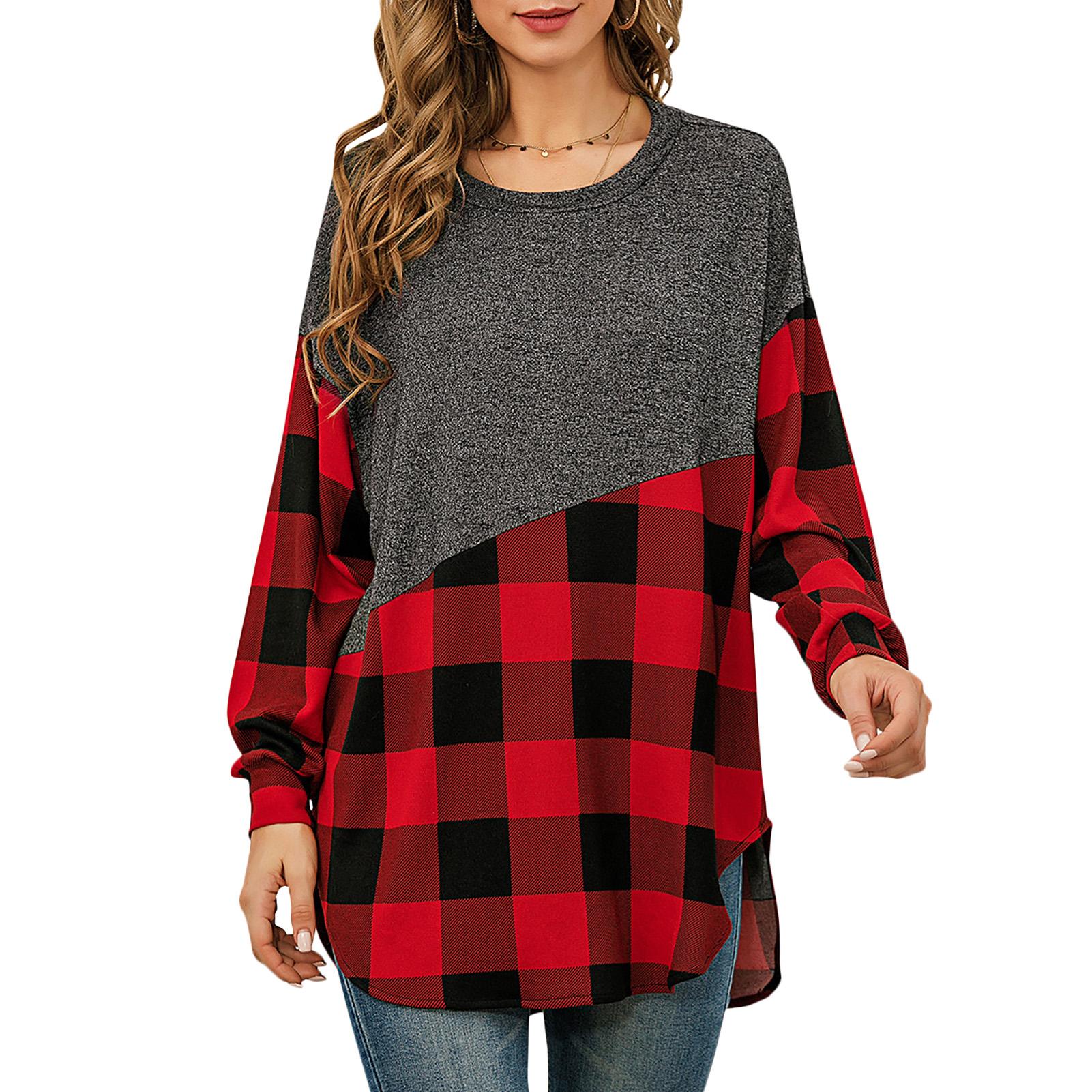 Fashion Women Sweatshirt Plaid Splicing O-Neck Long Sleeve Pullover Rounded Hem Loose Fit Casual Tunic Tops