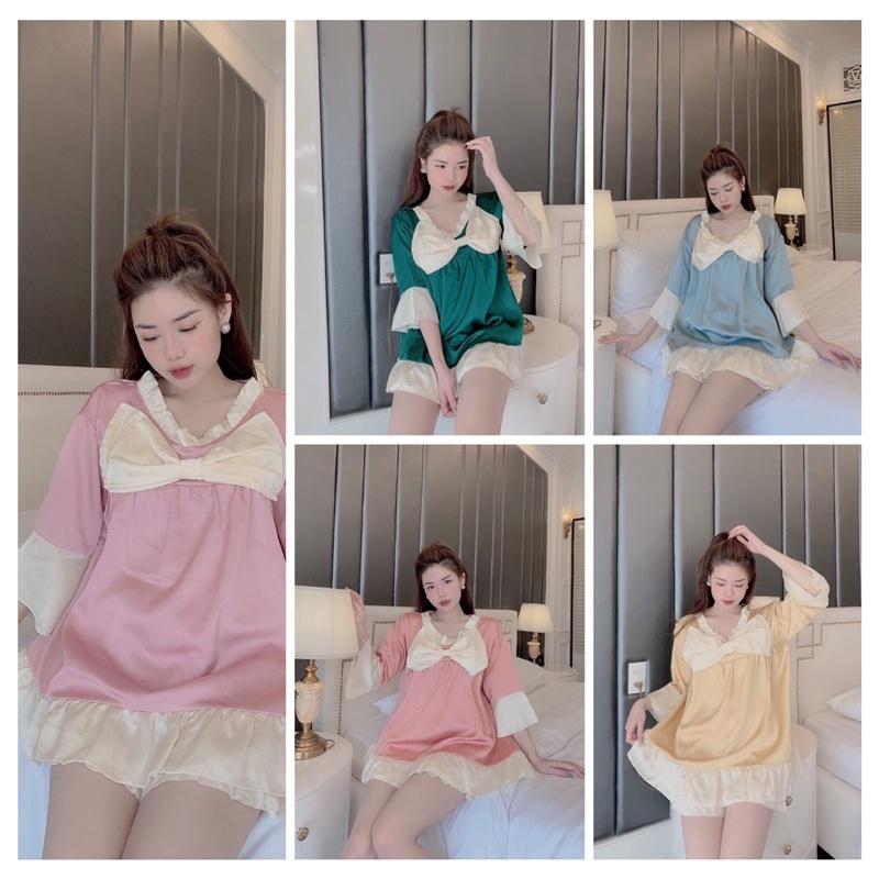 Bộ Lụa Satin Nơ Tay Cộc , Quần Cộc Không Nhăn, Không Bai Giãn, Không Phải màu