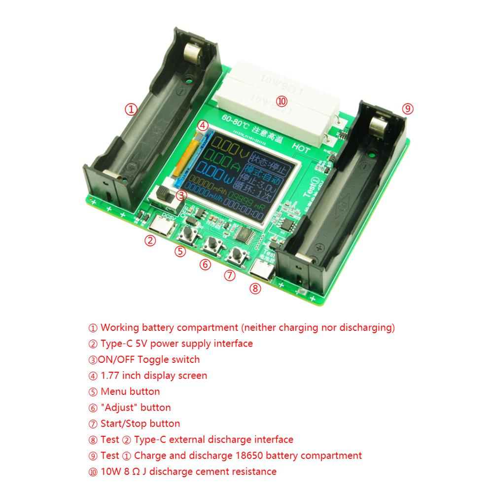 18650 Lithium Battery Capacity Tester 1.77inch Display Internal Resistance Measurement Module Type-C Interface with Battery Capacity Division and Running Cycle Function