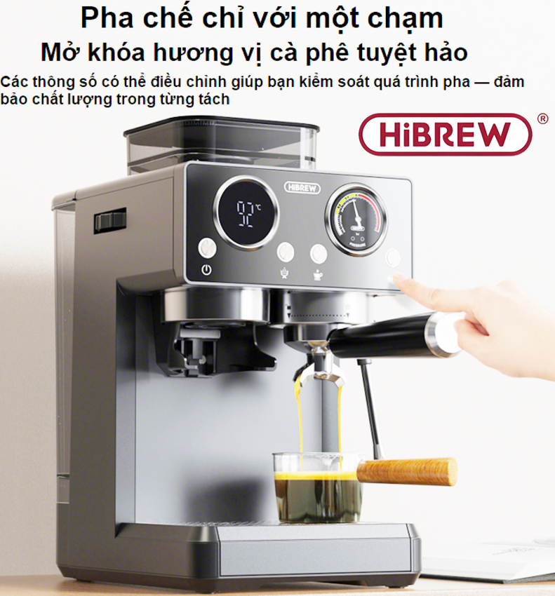 Máy pha và xay cà phê bán tự động 3 trong 1 Espresso, Cappuccino, Latte thương hiệu Mỹ cao cấp HiBREW H20 - Công suất 1500W 20bar - Hàng chính hãng
