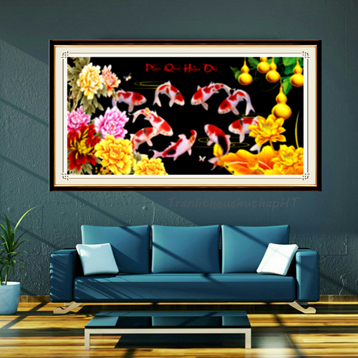 Tranh đính đá Cửu ngư quần hội 130*65cm - tự đính