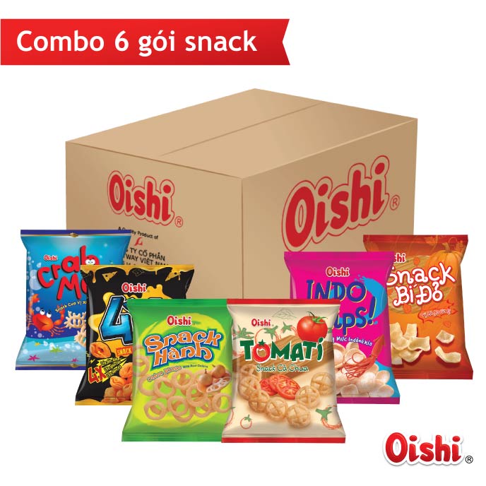 Oishi Combo1 - 6 gói snack 40g (Snack Cua Sốt Chua Ngọt, Snack 4X Vị Phô Mai, Snack Hành, Snack Cà Chua, Snack Bí Đỏ, Snack Phồng Mực)