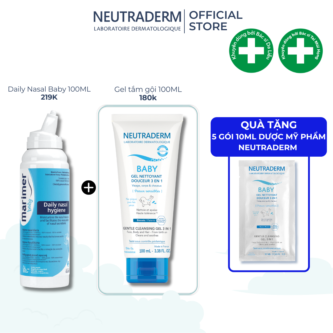 Combo nước biển sâu Marimer Baby Daily + Gel tắm 3in1 Neutraderm