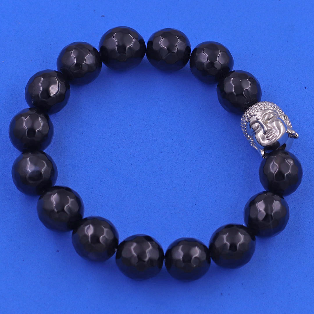 Hình ảnh Vòng chuỗi đeo tay đá thạch anh đen cắt giác 12 ly charm đầu Phật Như lai inox, Như lai Phật tổ, vòng chuỗi phong thủy, A DI ĐÀ