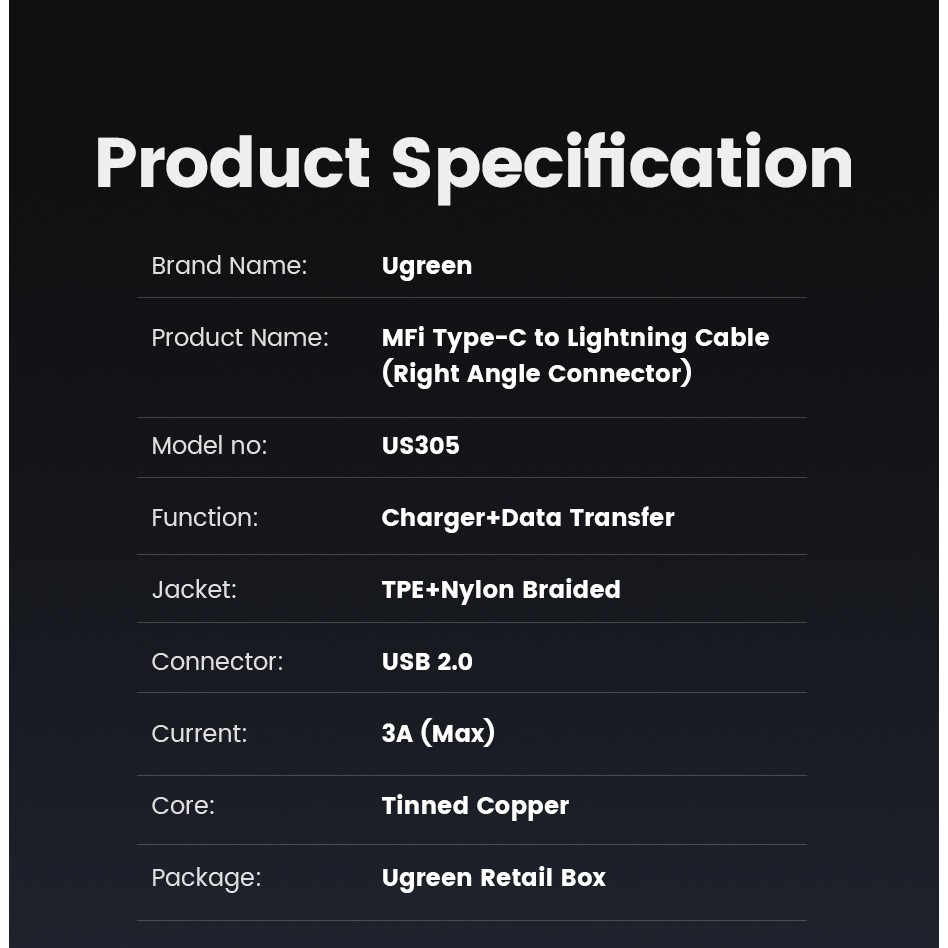 Dây cáp UGREEN bện nylon dạng góc 90 độ MFI cổng USB-C sang IP hàng chính hãng