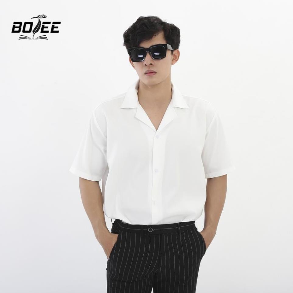 Áo sơ mi ngắn tay Trắng cổ Vest BOTEE vải lụa mềm mại form rộng unisex nam nữ