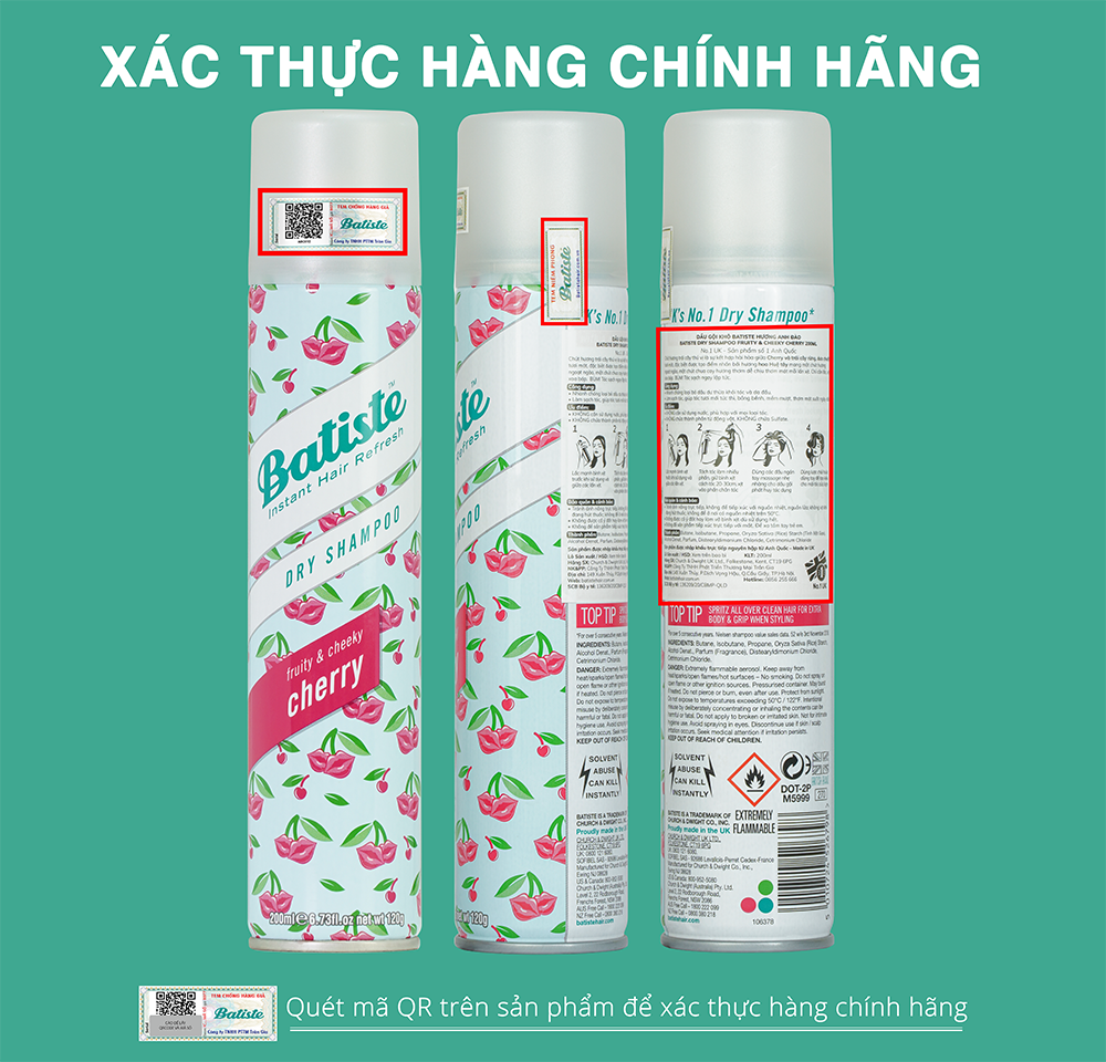 Dầu Gội Khô Hương Anh Đào - Batiste Dry Shampoo Fruity &amp; Cheeky Cherry 200ml