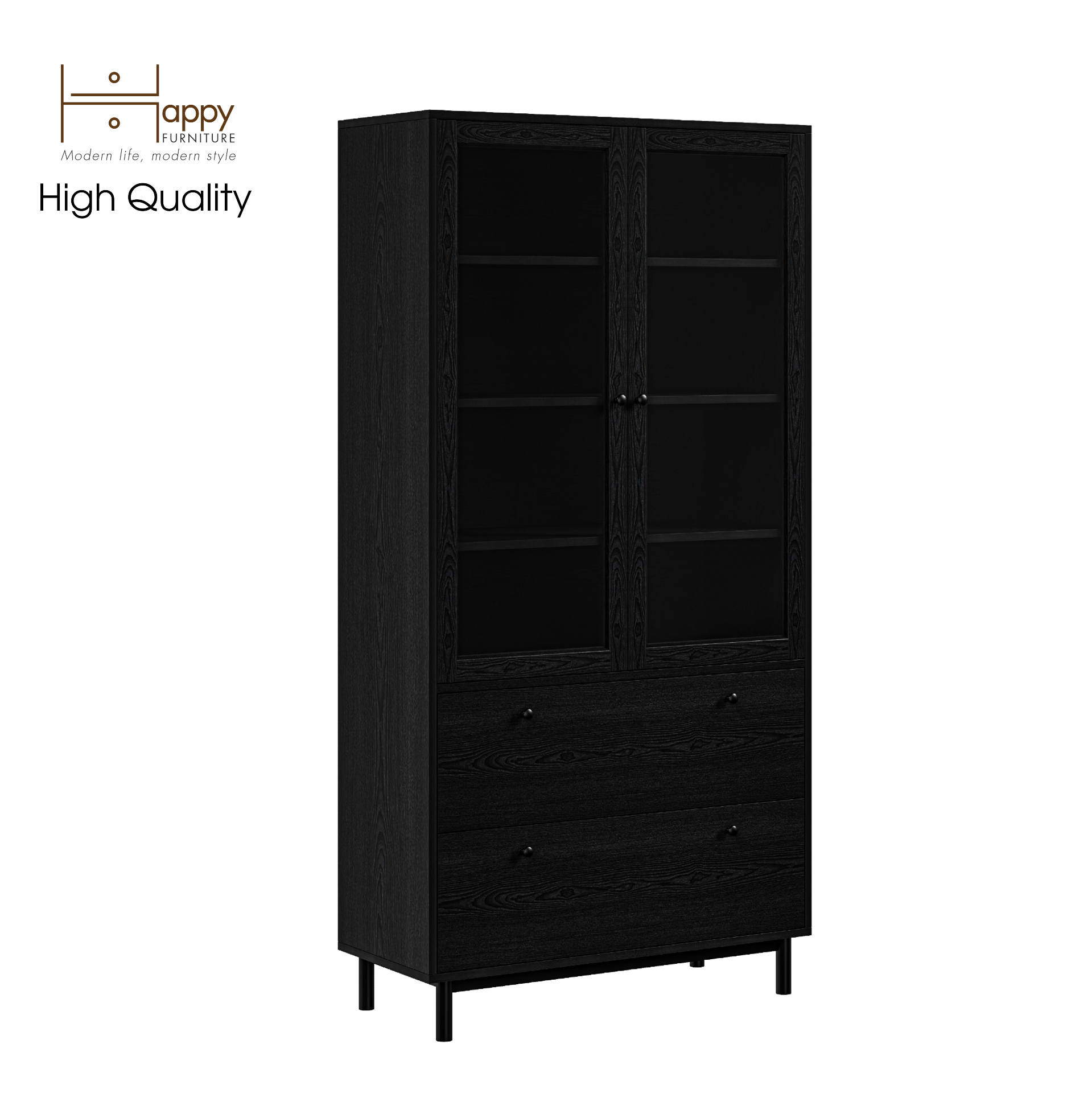 [Happy Home Furniture] CATY , Kệ sách 6 tầng cửa kính 2 ngăn kéo - chân sắt ,  90cm x 39cm x 180cm (DxRxC), KSA_019