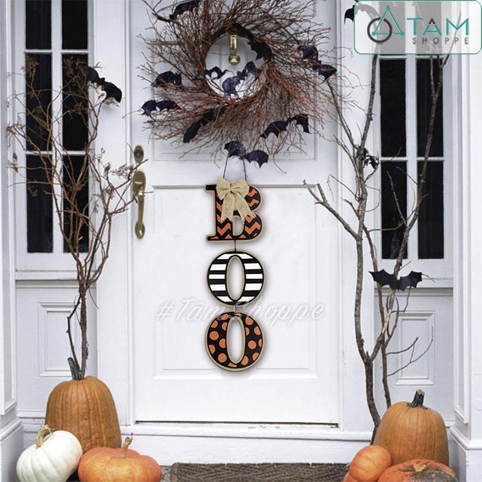 Dây treo chữ BOO thắt nơ in trên gỗ HLW-BTC-08