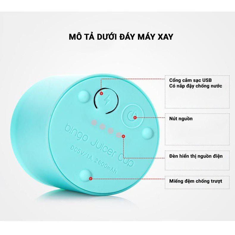 Máy Xay Sinh Tố 4 Lưỡi Cầm Tay Bingo Juicer Cup 500ML Sử Dụng Pin Sạc USB