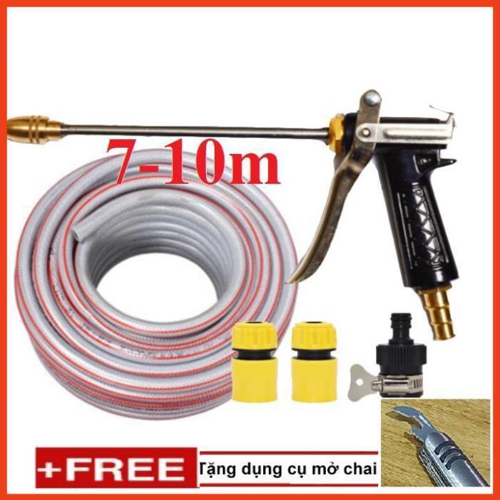 Bộ dây vòi xịt nước rửa xe, tưới cây . tăng áp 3 lần, loại 7m, 10m 206318 đầu đồng,cút,nối nhựa đen+ tặng mở chai