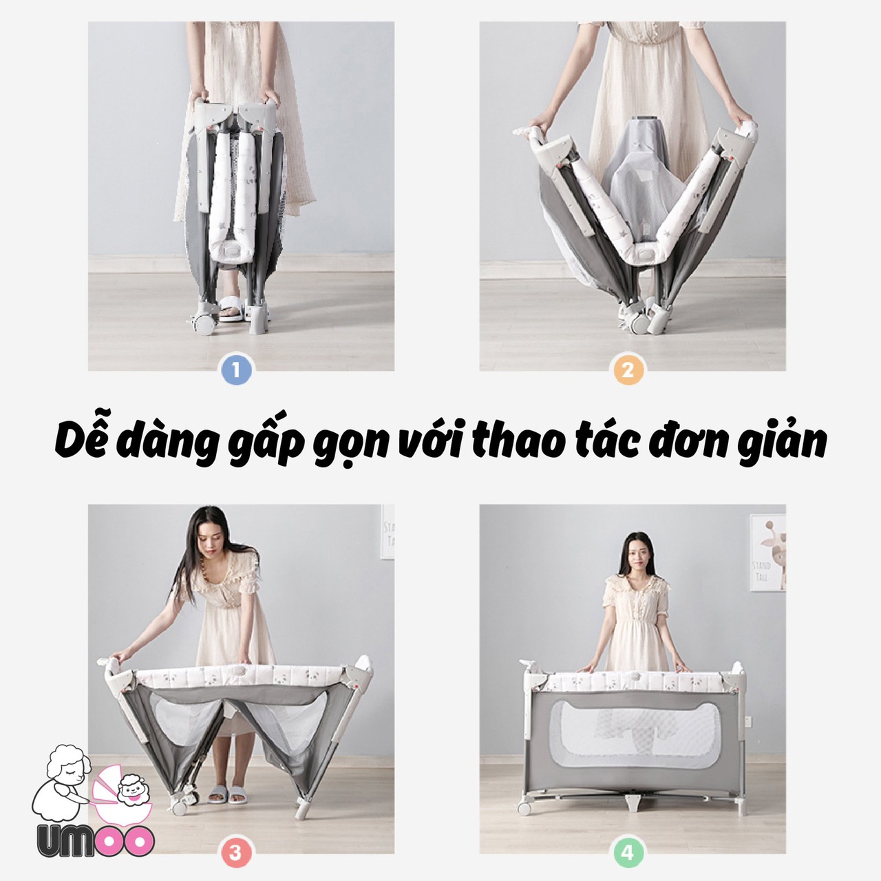 Nôi cũi vải gấp gọn đa năng umoo um-08108 chính hãng sang chảnh