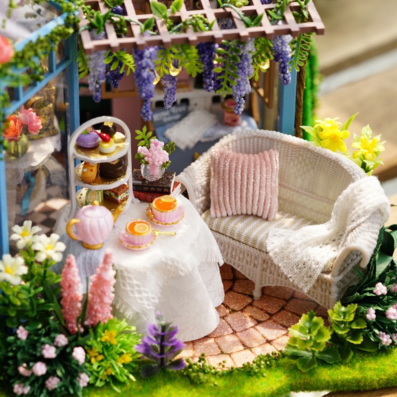 Mô hình nhà DIY Doll House Rose Garden Tea House Kèm Đèn LED, Hộp nhạc và MICA chống bụi